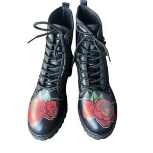 Skull‎ Rose Combat Boots Womens Size 37 / 6 Black Red Lace Up Punk Gothic Shoes